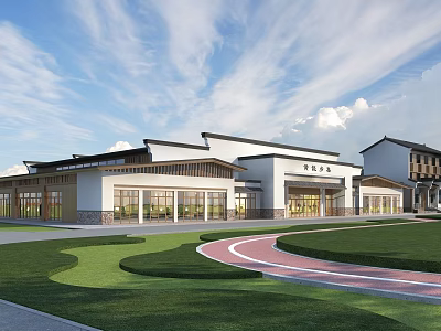 Modern Building With Traditional Roof Design White Exterior Green Lawn And Track 3d model