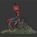 Red Robot Character Sitting On Rock Surrounded By Green Grass 3d model