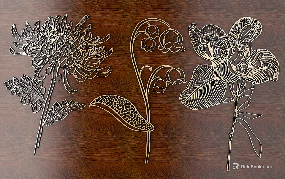 Artistic Intricate Floral Carvings On Dark Wooden Surface With Detailed Patterns 3d model 