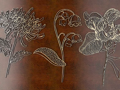 Artistic Intricate Floral Carvings On Dark Wooden Surface With Detailed Patterns 3d model
