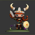 Cartoon Man In Horned Viking Helmet Red Hair Holding Sword Shield On Green Grass