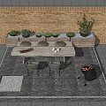 Organized Hardware Tools On Wooden Table With Brick Wall Tool Rack Stool And Potted Plant
