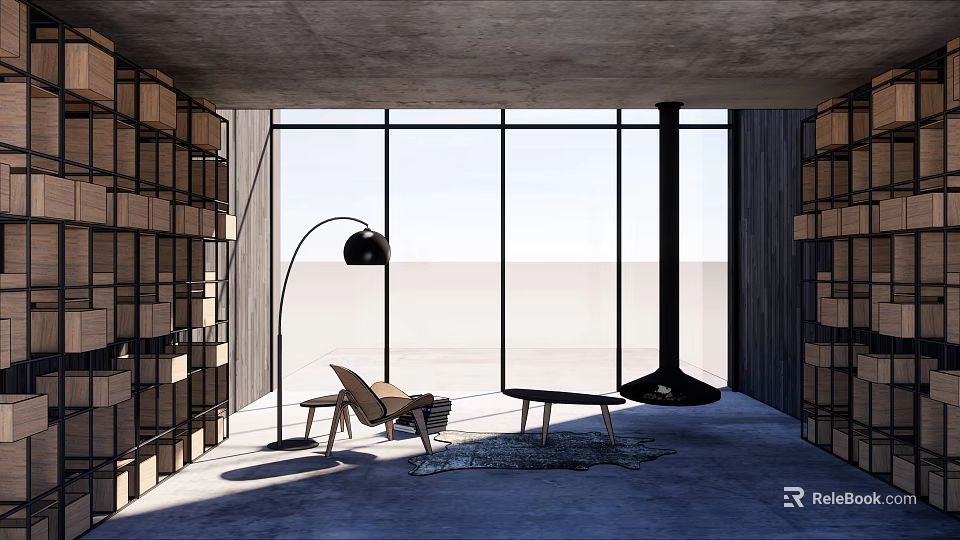 Modern Lounge Area With Large Windows Floor Lamp Lounge Chair Coffee Table And Shelving Units 3d model 
