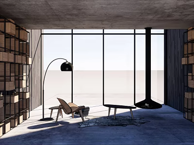 Modern Lounge Area With Large Windows Floor Lamp Lounge Chair Coffee Table And Shelving Units 3d model