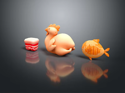 Plush Orange Hen and Fish Figurines on Black Background with Reflection 3d model