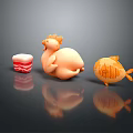Plush Orange Hen and Fish Figurines on Black Background with Reflection