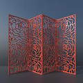 Red Decorative Folding Room Divider With Intricate Rose Laser Cut Design 3d model