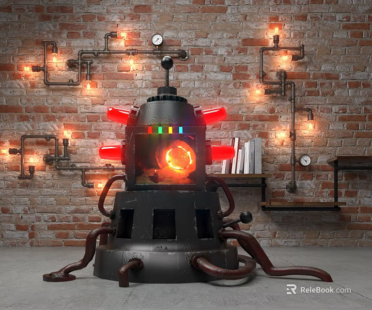 Steampunk Art Installation With Black Body Red Lights Glowing Core And Brick Wall Background 3d model 