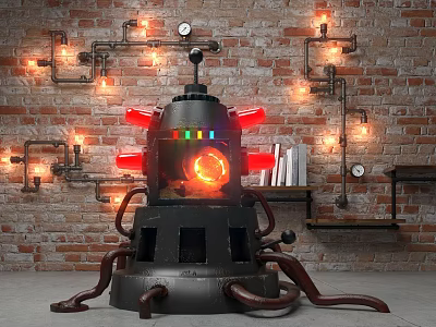 Steampunk Art Installation With Black Body Red Lights Glowing Core And Brick Wall Background 3d model