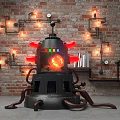 Steampunk Art Installation With Black Body Red Lights Glowing Core And Brick Wall Background