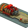 Industrial Machinery Equipment With Red Structure Glowing Orange Elements Platform Warning Stripes And Yellow Lights