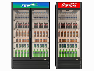 Two Glass Door Beverage Refrigerators Sprite and Coca-Cola Stocked with Various Drinks 3d model