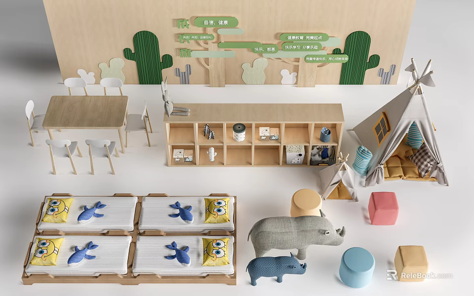 Wooden Table And Chair Set In Children's Playroom With Storage Shelf And Animal Toys 3d model 