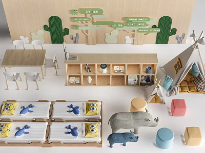 Wooden Table And Chair Set In Children's Playroom With Storage Shelf And Animal Toys 3d model