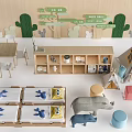 Wooden Table And Chair Set In Children's Playroom With Storage Shelf And Animal Toys