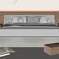 Modern Double Bed With White Headboard Striped Pillows Striped Rug Wooden Nightstand And Table Lamp