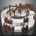 Natural Circular Wooden Structure with White Platform and Stairs in Garden Landscape