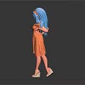 Blue Haired Female Character In Orange Dress With Adorable Creature Companion