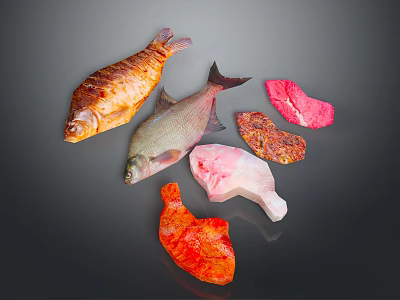 Different Animal Derived Food Products Featuring Roasted Fish Raw Fillets And Meat Cuts 3d model