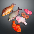 Different Animal Derived Food Products Featuring Roasted Fish Raw Fillets And Meat Cuts