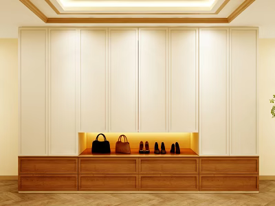 Modern White Wardrobe with Wooden Drawers and Illuminated Shelf Holding Bags and Shoes 3d model