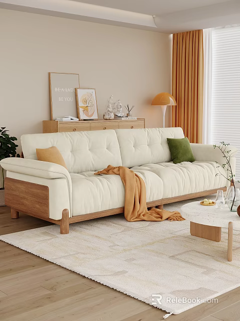 Modern Beige Sofa And Coffee Table Set With Pillows Blanket Round White Table 3d model