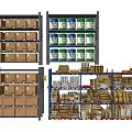 Multi Layer Display Shelves With Cardboard Boxes Canned Goods And Packaged Items In Various Colors 3d model
