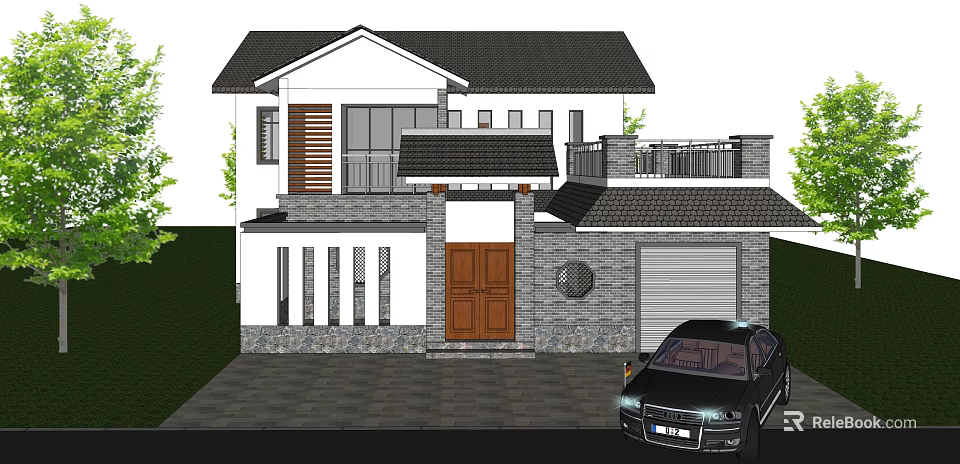 Modern Chinese Style House Exterior With Tile Roof Garage And Brown Door 3d model 