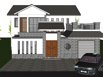 Modern Chinese Style House Exterior With Tile Roof Garage And Brown Door 3d model