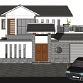 Modern Chinese Style House Exterior With Tile Roof Garage And Brown Door