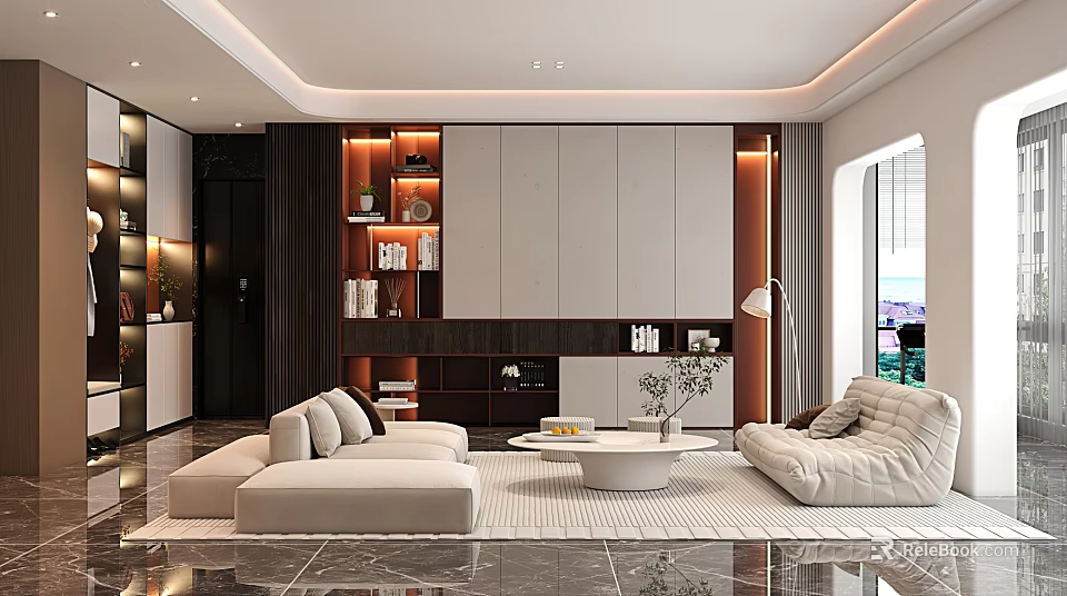 Modern Living Room Interior With Beige Sofa Round Coffee Table And Floor To Ceiling Window 3d model 
