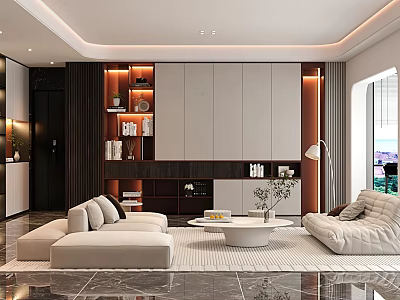 Modern Living Room Interior With Beige Sofa Round Coffee Table And Floor To Ceiling Window 3d model