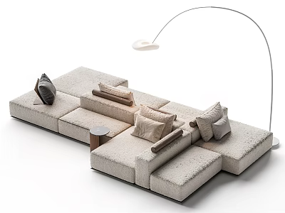 Modern Beige Upholstered Sectional Sofa with Soft Cushions and Arching Floor Lamp 3d model