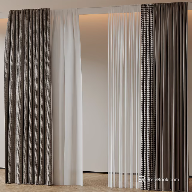 Various Curtain Styles Including Sheer White Brown Textured Fabrics For Interior Decoration 3d model 