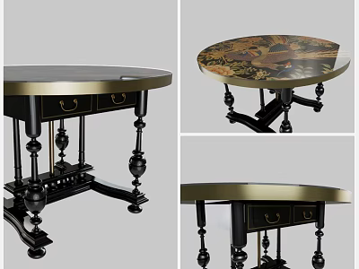 Elegant Round Table With Black Carved Legs Gold Edge And Decorative Tabletop 3d model