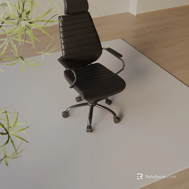 Black Leather Office Chair with Armrests and Wheels on Light Carpet with Green Plants 3d model 