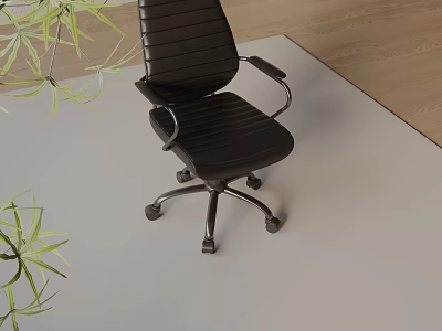 Black Leather Office Chair with Armrests and Wheels on Light Carpet with Green Plants 3d model