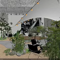 Industrial Style Café Interior With Concrete Structure Green Plants Pendant Lights And Canopy Decoration