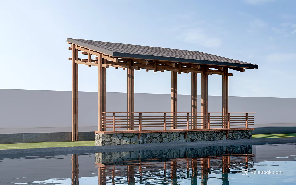 Garden Pavilion With Wooden Frame Stone Base And Pool Reflection In Grass Area 3d model 