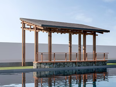 Garden Pavilion With Wooden Frame Stone Base And Pool Reflection In Grass Area 3d model