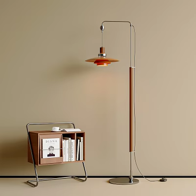 Modern Minimalist Floor Lamp with Bookshelf Books and Cup in Beige Wall Setting 3d model