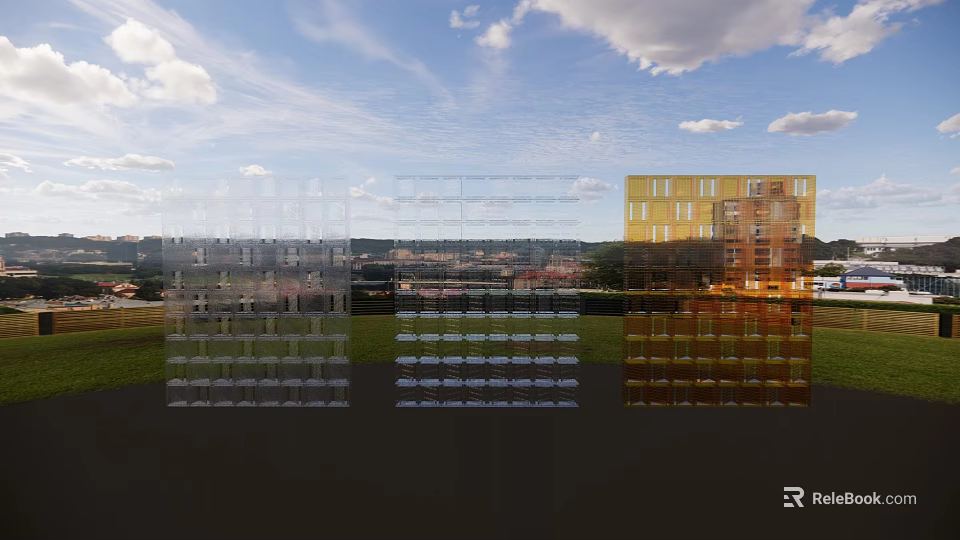 Modern Transparent And Yellow Glass Partitions With Outdoor Grass And Sky View 3d model 