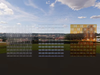 Modern Transparent And Yellow Glass Partitions With Outdoor Grass And Sky View 3d model