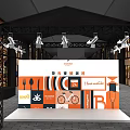 Black Metal Frame Stage Setup With Stage Lights SOHO BAR Backdrop Colorful Graphics And White Platform