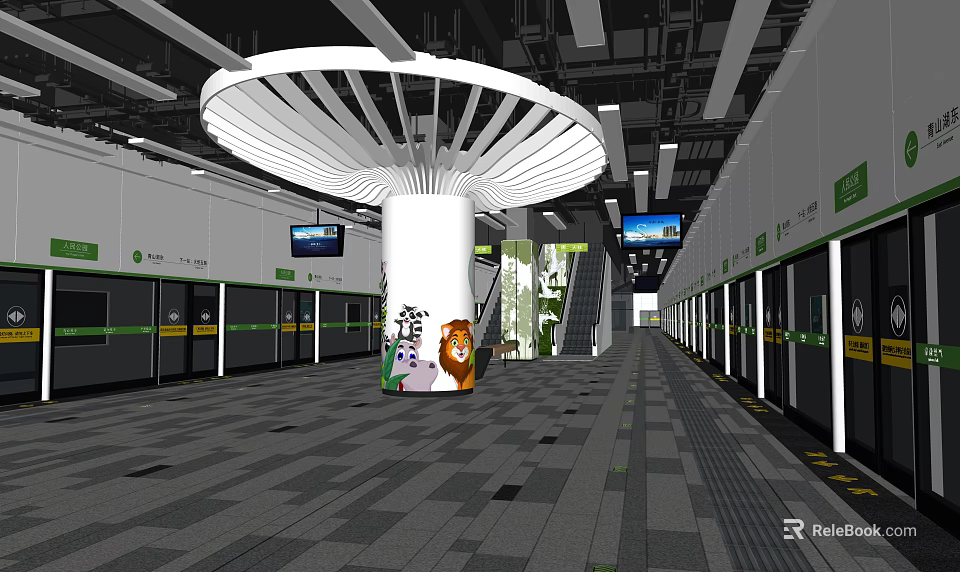 Modern Subway Station With White Circular Ceiling And Cartoon Patterned Columns 3d model 