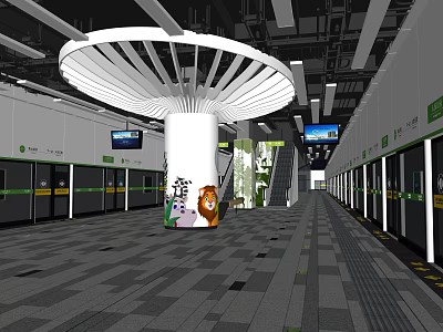 Modern Subway Station With White Circular Ceiling And Cartoon Patterned Columns 3d model