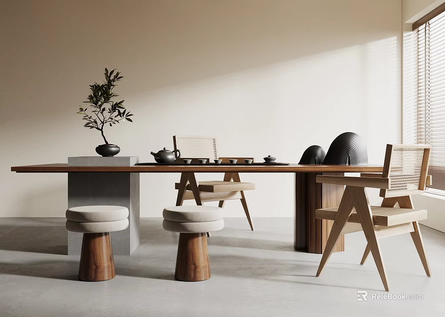Modern Minimalist Wooden Tea Table and Chairs with Tea Set Stools and Plant 3d model 