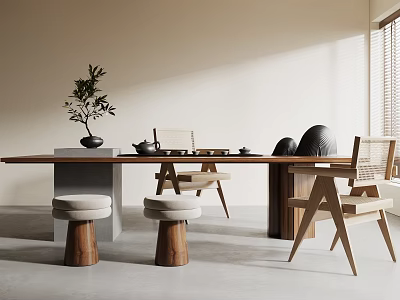 Modern Minimalist Wooden Tea Table and Chairs with Tea Set Stools and Plant 3d model
