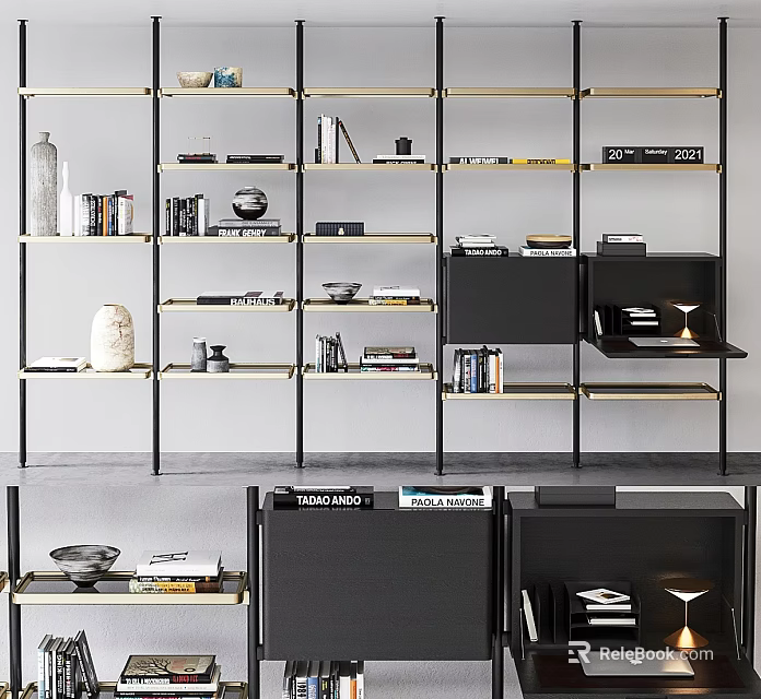 Modern Open Shelf Bookcase With Metal Frame Storage And Decorative Items 3d model