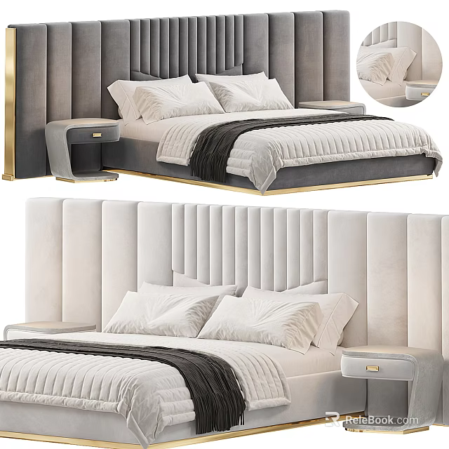 Luxury Double Bed With Velvet Headboard Striped Bedspread Pillows And Nightstand 3d model 